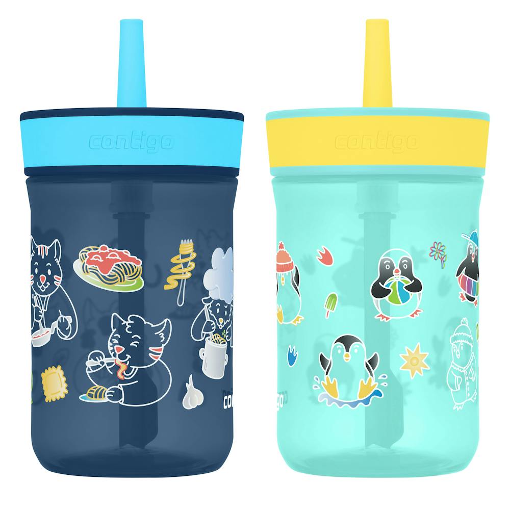 Kids’ Leighton Straw Tumbler with Spill-Proof Lid, 14oz - Silly Spaghetti & Penguin Plunge