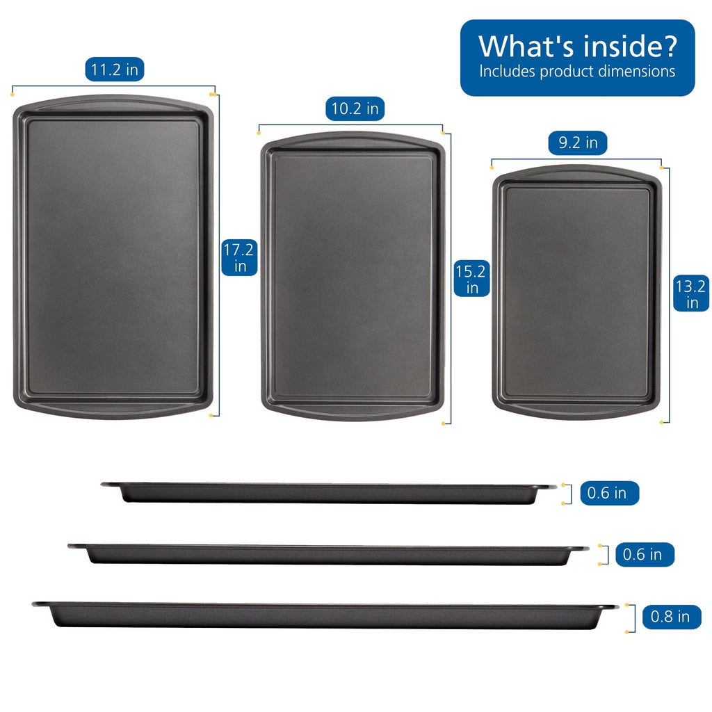 3pc Carbon Steel Nonstick Cookie Sheet Bakeware Set, 11" x 17", 10" x 15", 9" x 13", Gray
