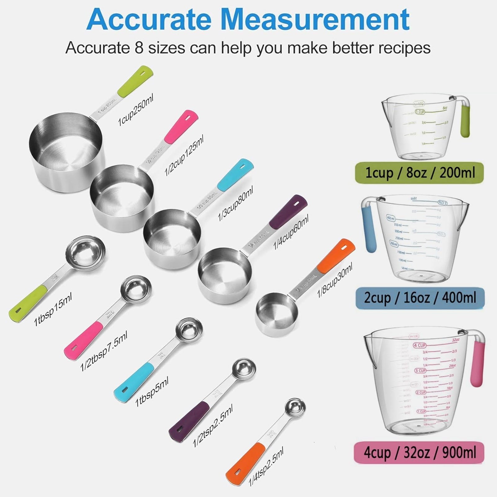 Square 14-Piece Measuring Cups and Spoons Set, Nesting Stainless Steel Measuring Cups Spoons with Plastic Measuring C...