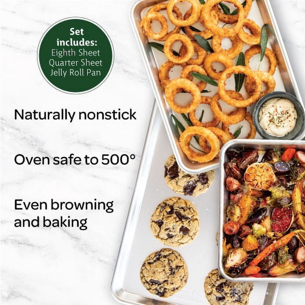 3 Piece Aluminum Bakeware Set with Jelly Roll, Quarter & Eighth Sheet Rectangular Cookie & Baking Sheet Pans