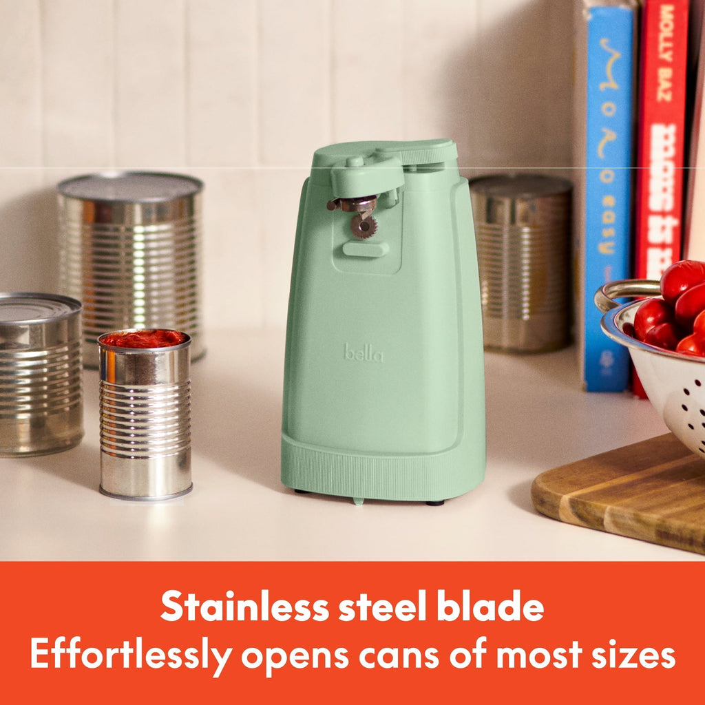 Electric Can Opener with Stainless Steel Cutting Blade and Cord Storage, Seaglass