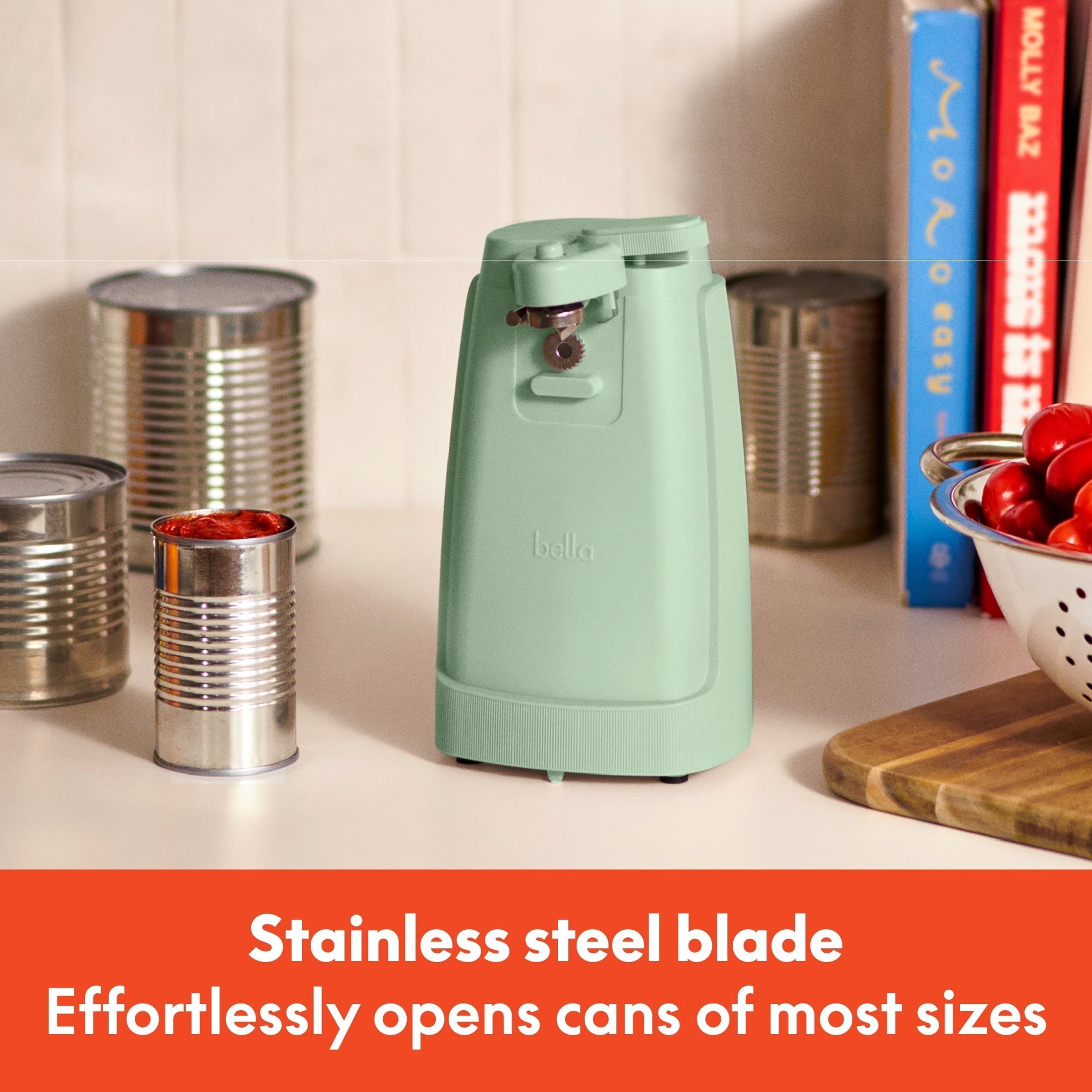 Electric Can Opener with Stainless Steel Cutting Blade and Cord Storage, Seaglass