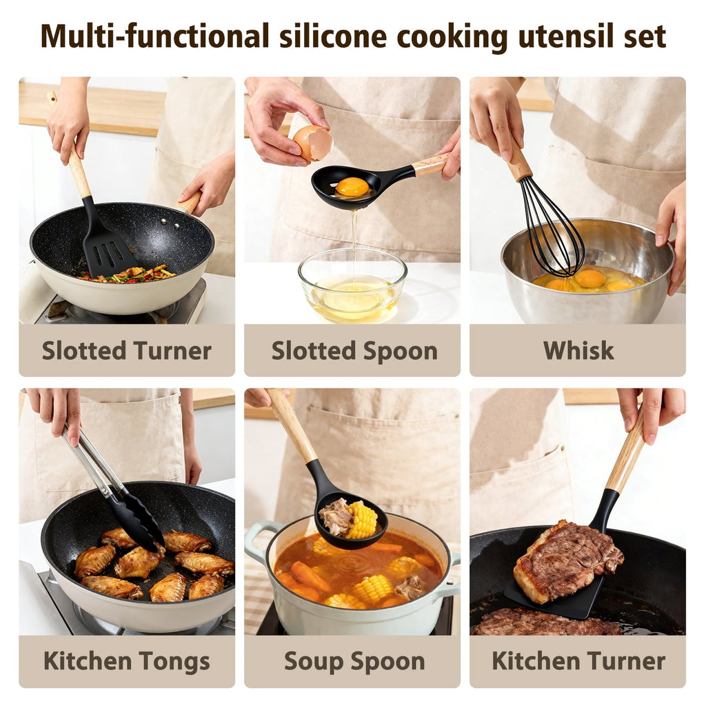 Silicone Cooking Utensils Set, Heat Resistant Kitchen Cooking Utensils Set, 12 PCS Handle Silicone Kitchen Gadgets Ut...