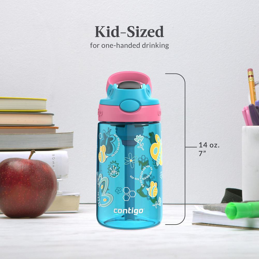 Contigo® Kids Water Bottle with Redesigned AUTOSPOUT® Straw, 14 oz - Blue Raspberry with Butterflies and Honeybees