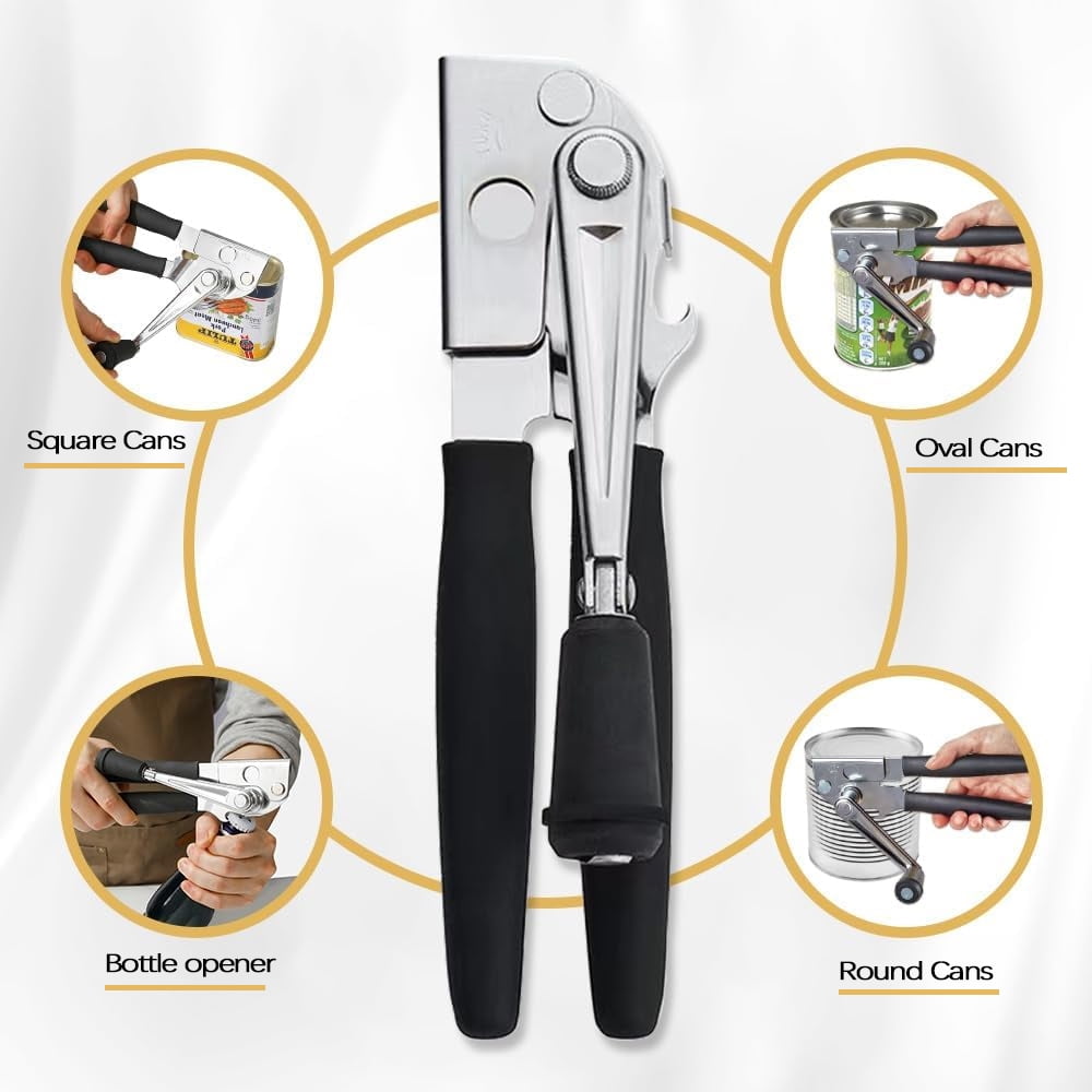 Manual Hand-Crank Commercial Heavy-Duty 2-in-1 Bottle Cap Can Opener with Ergonomic Rubber Grip - Arthritis Friendly ...
