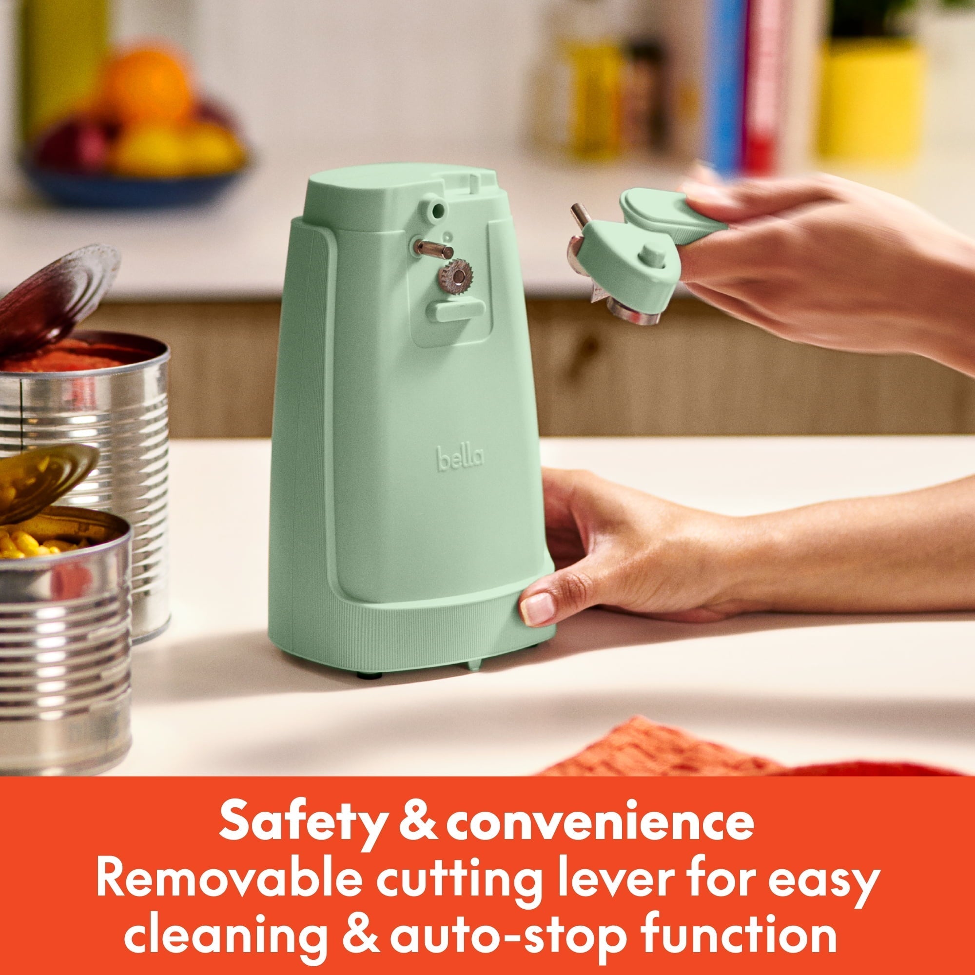 Electric Can Opener with Stainless Steel Cutting Blade and Cord Storage, Seaglass