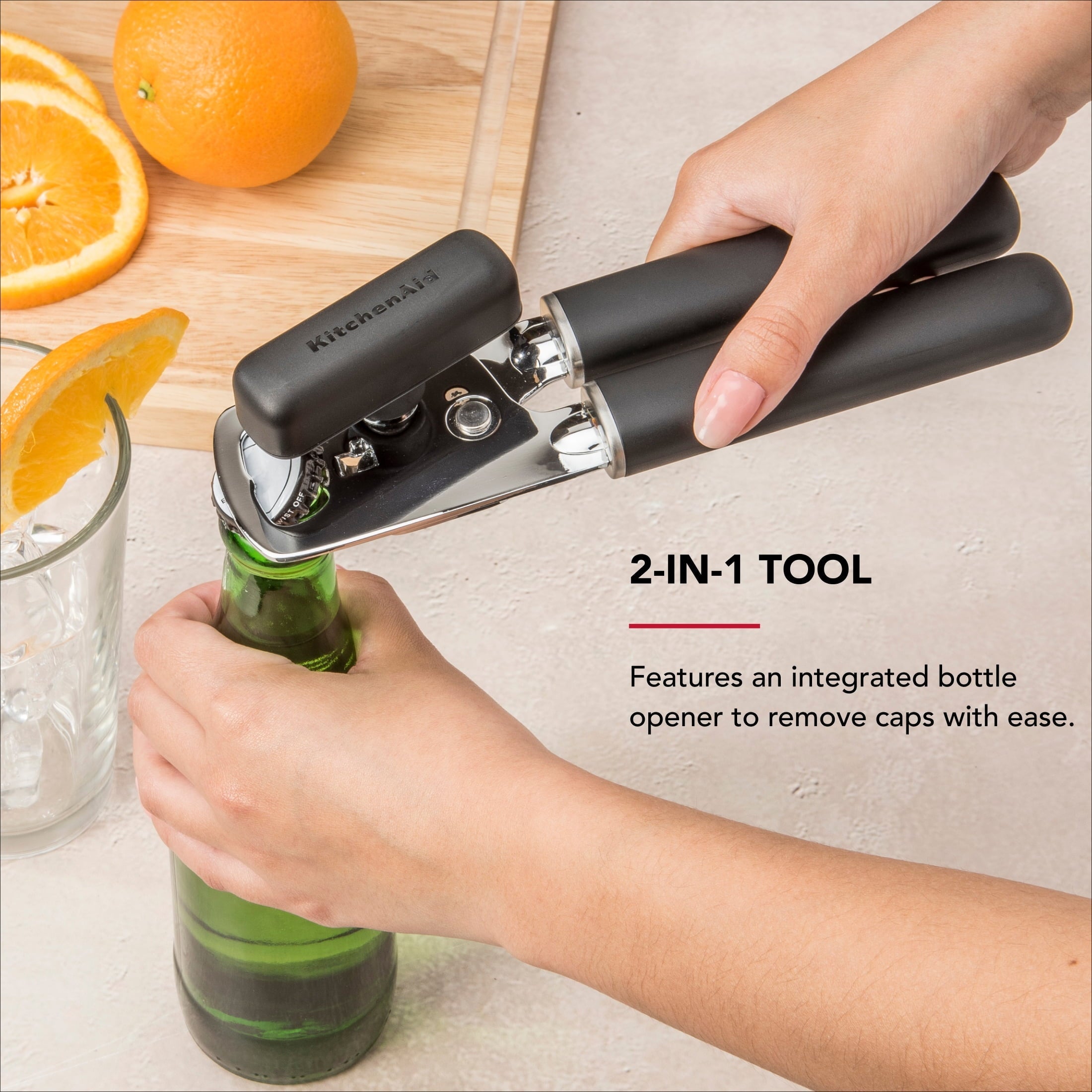 Stainless Steel Manual Can Opener with Bottle Opener and Ergonomic Grip, Black