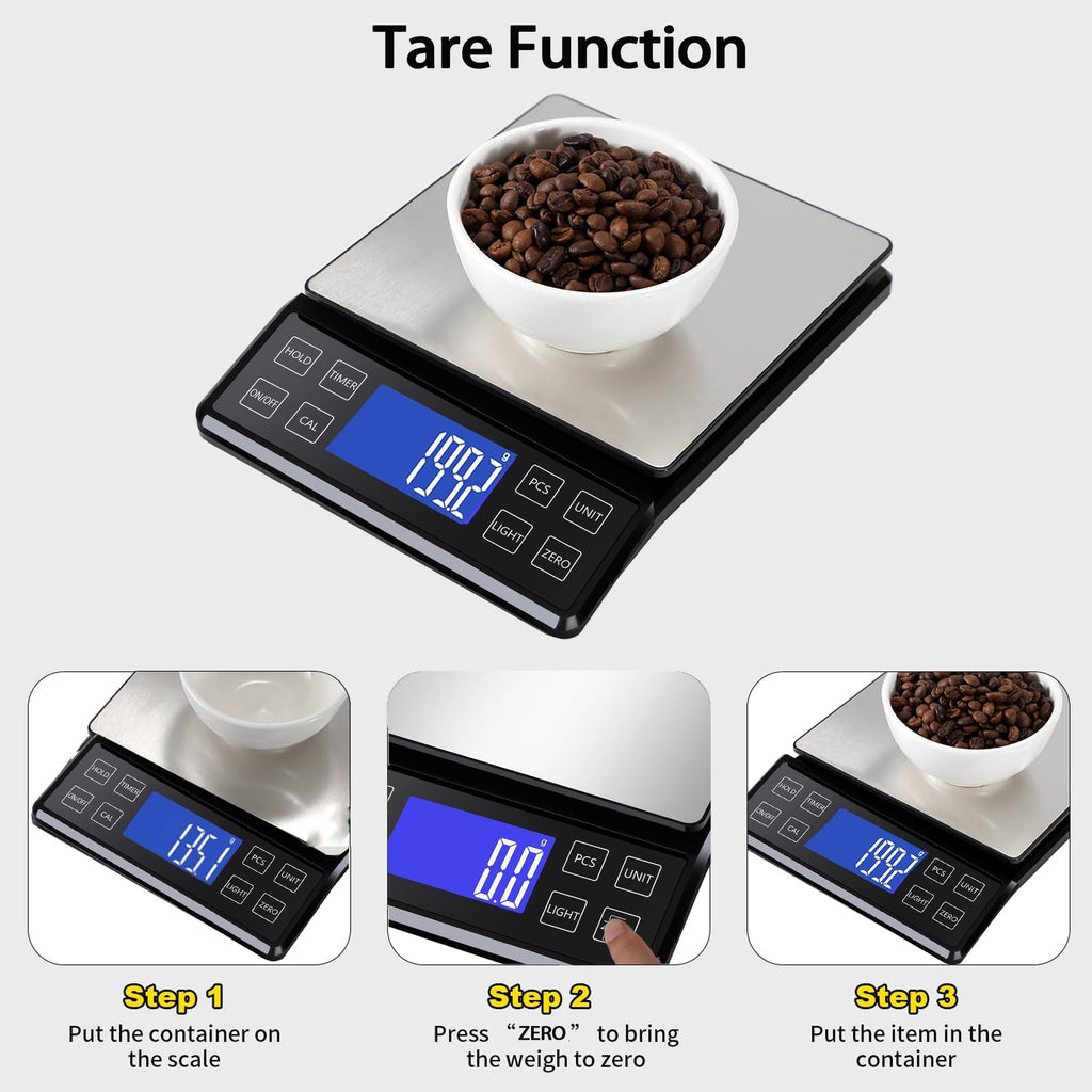 Digital Food Kitchen Scale, Gram Scale 0.1g/0.001oz Accuracy,5kg/11lb Stainless Steel with 9 Units, Tare Function& LC...