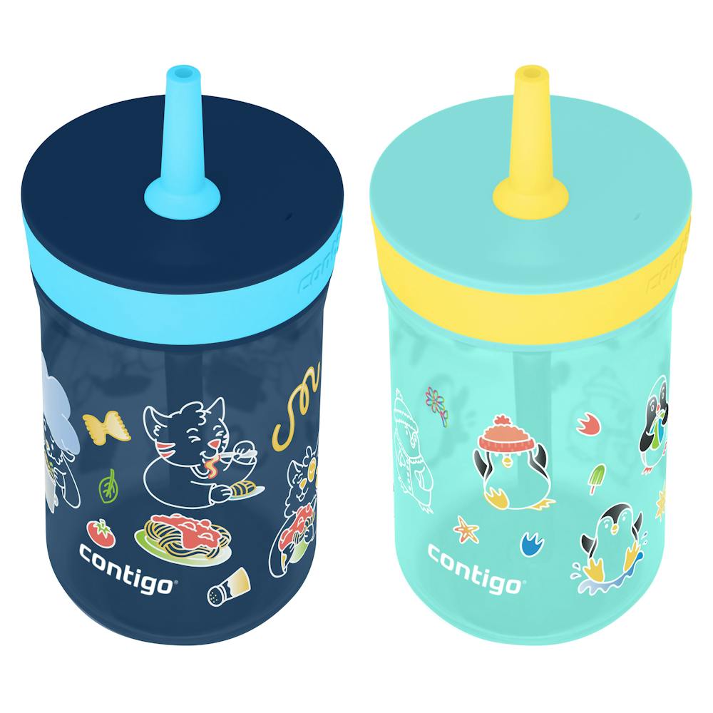 Kids’ Leighton Straw Tumbler with Spill-Proof Lid, 14oz - Silly Spaghetti & Penguin Plunge