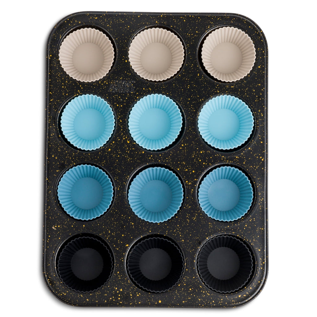 12 Cup Nonstick Muffin Pan with Silicone Baking Cups - Black