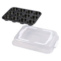 12 Cup Muffin Pan with Covered Carrier, Carbon Steel Bakeware, Plastic Cover