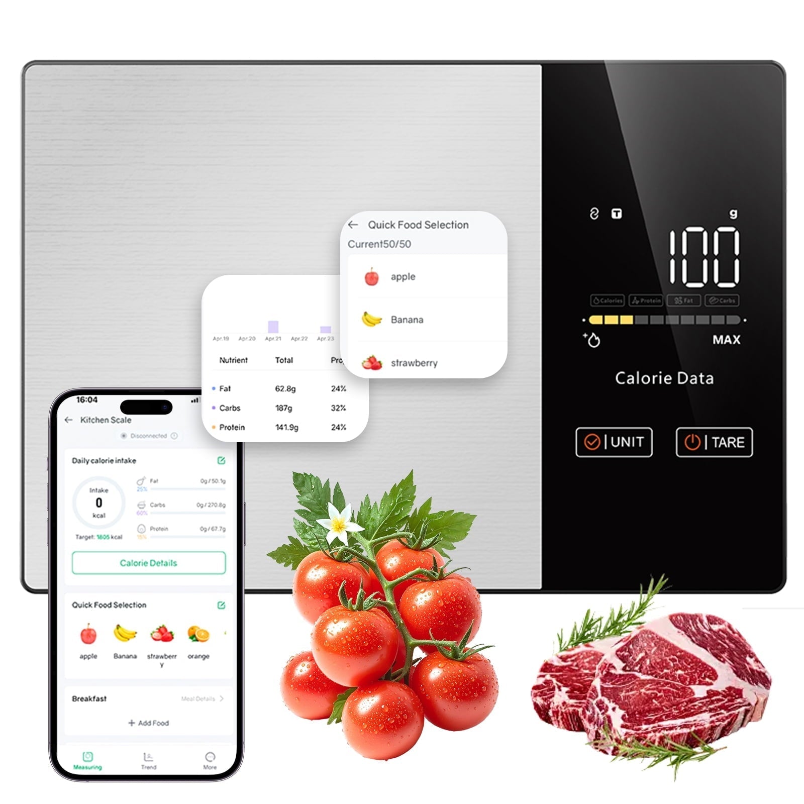 Food Scale with LED Touch Display, Tracks Calories, Fat, Carbs & Protein via App, 0.01oz Precision Di...