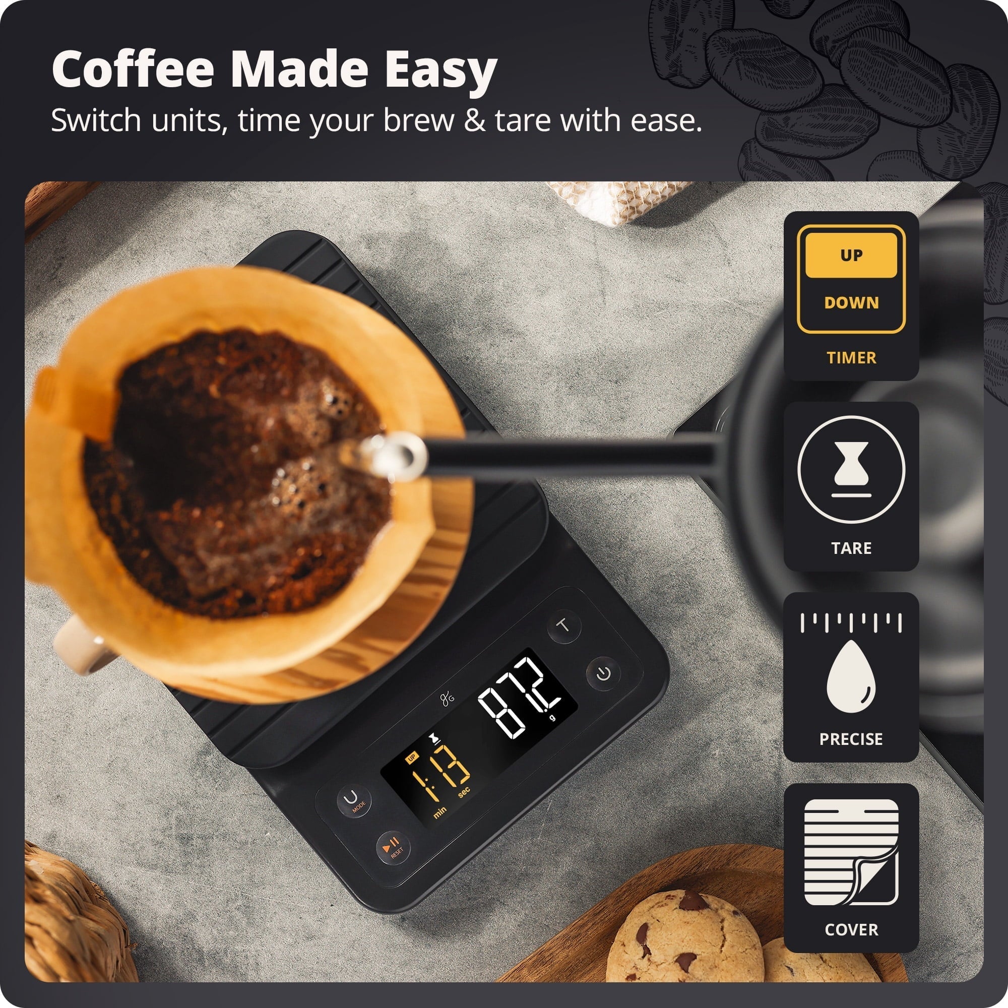 Coffee Scale with Timer, 0.1g Precision, 3kg Capacity, 6-Unit Digital Espresso & Pour-Over Scale, Silic...