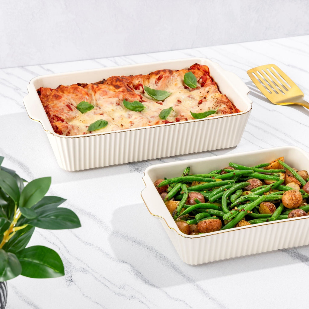 4-Piece Stoneware Casserole Dish Bakeware Set, Includes Lids, 9"x13" , 7"x10" Bakers With Lids , White Ribbed