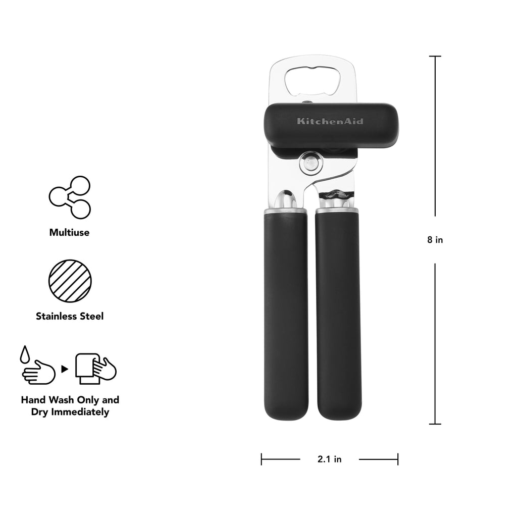 Stainless Steel Manual Can Opener with Bottle Opener and Ergonomic Grip, Black