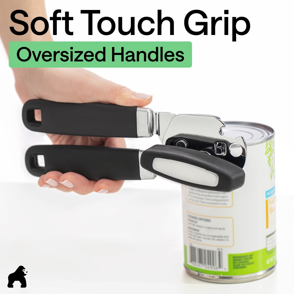 Stainless Steel Manual Can Opener, Soft Touch Handle, Built-In Bottle Opener, Black