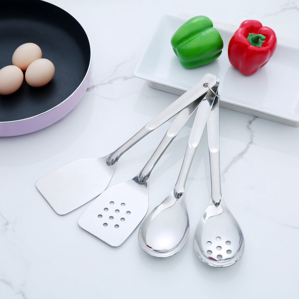 Stainless Steel 4-Piece Utensil Set: Includes Spatula, Slotted Spatula, Spoon, and Slotted Spoon