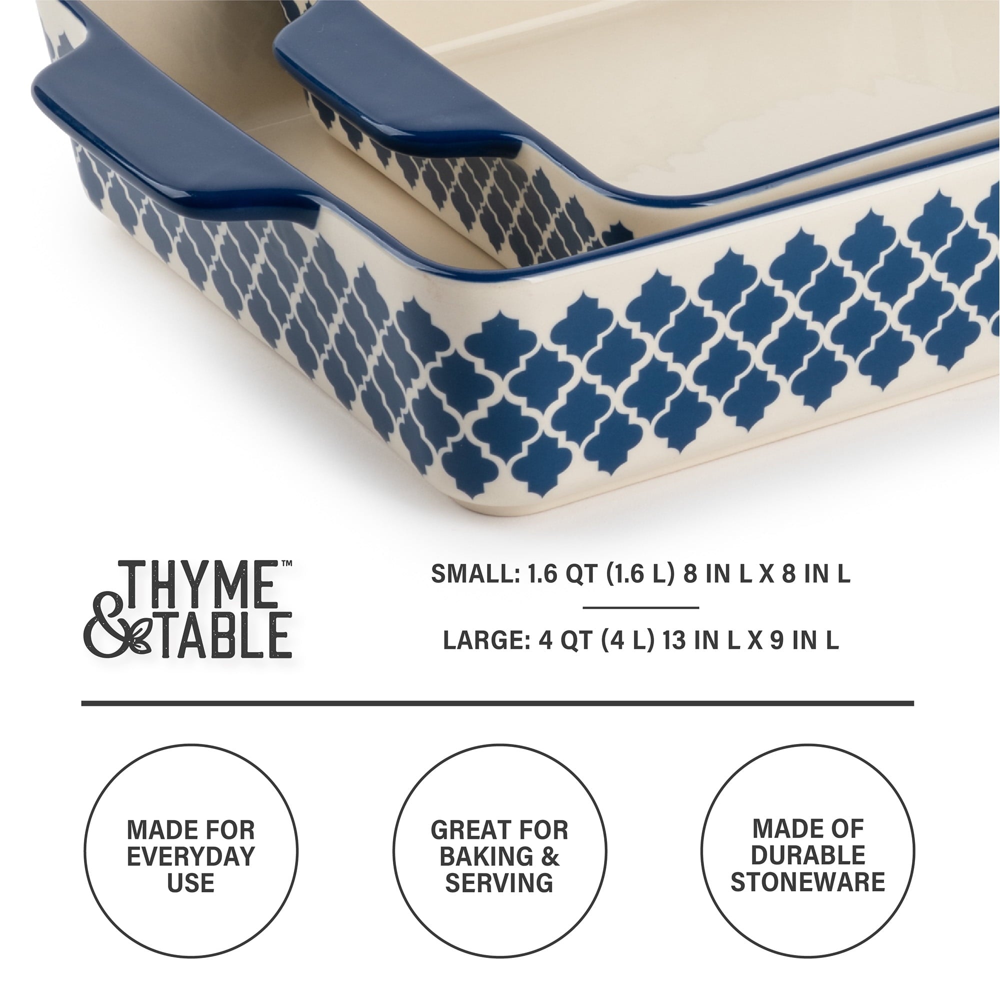 Stoneware Square & Rectangular Baker, Blue Pattern, 2-Piece Set