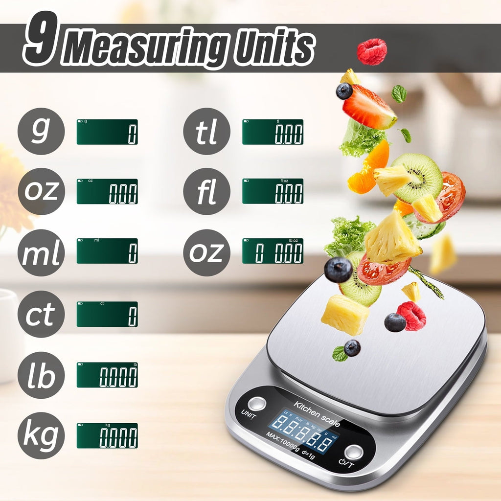 Food Scale, 22 lb Digital Kitchen Scales, Weight Ounces and Grams for Cooking and Baking, 9 Units with Tare Fun...