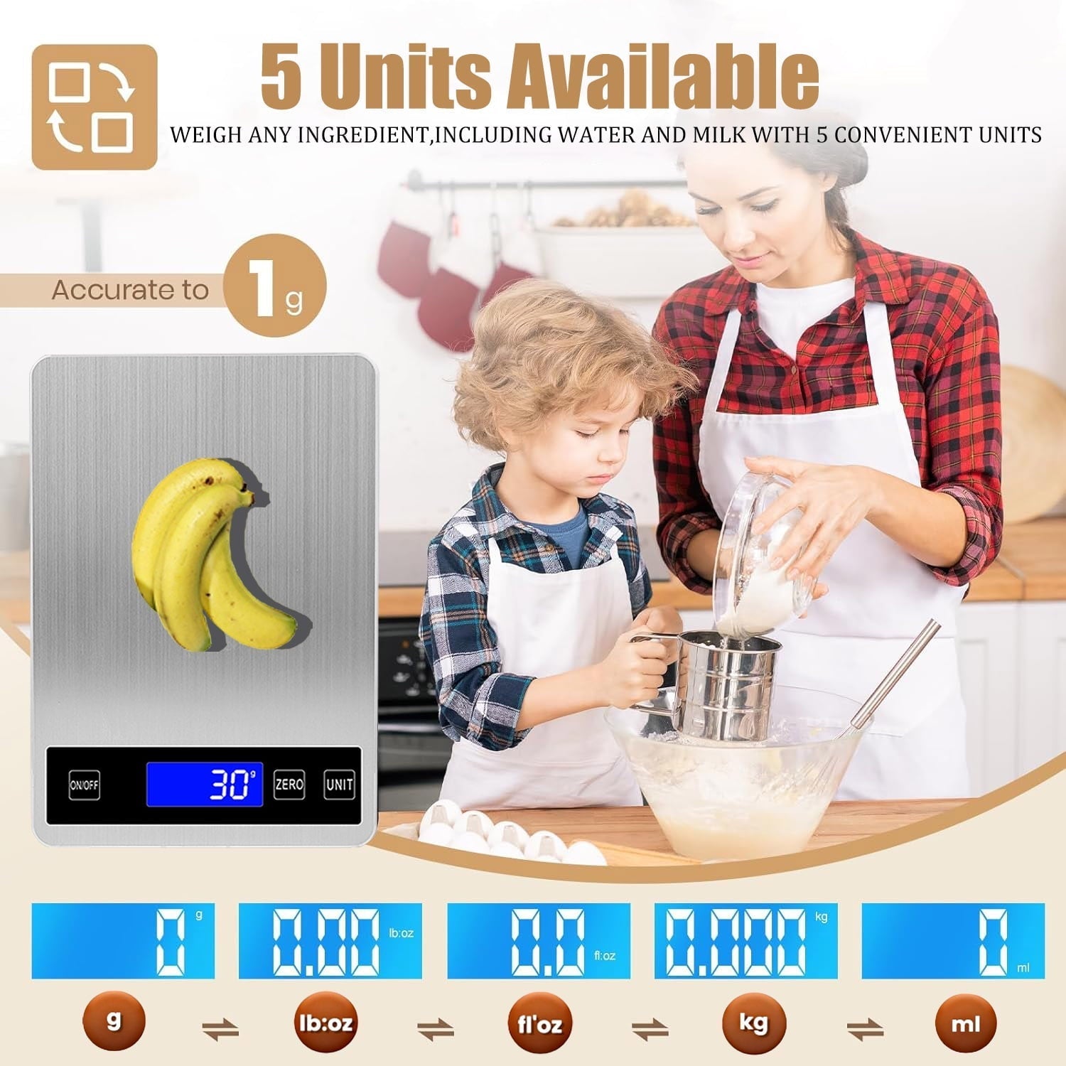 Digital Food Kitchen Scale, Gram Scale 1g/0.1oz Accuracy, 15kg/33lb Stainless Steel with 5 Units, Tare Function& LCD ...